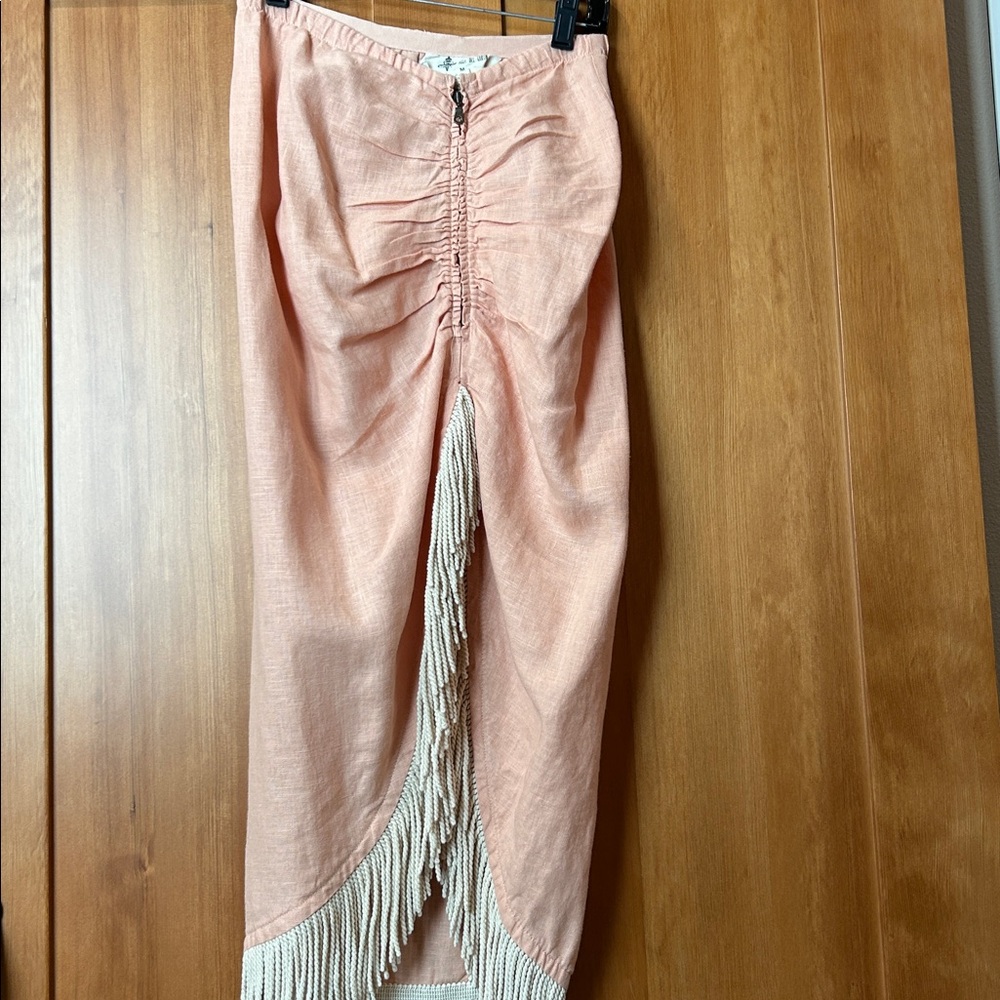 Just Bee Queen Peach Ruched Skirt with Fringe